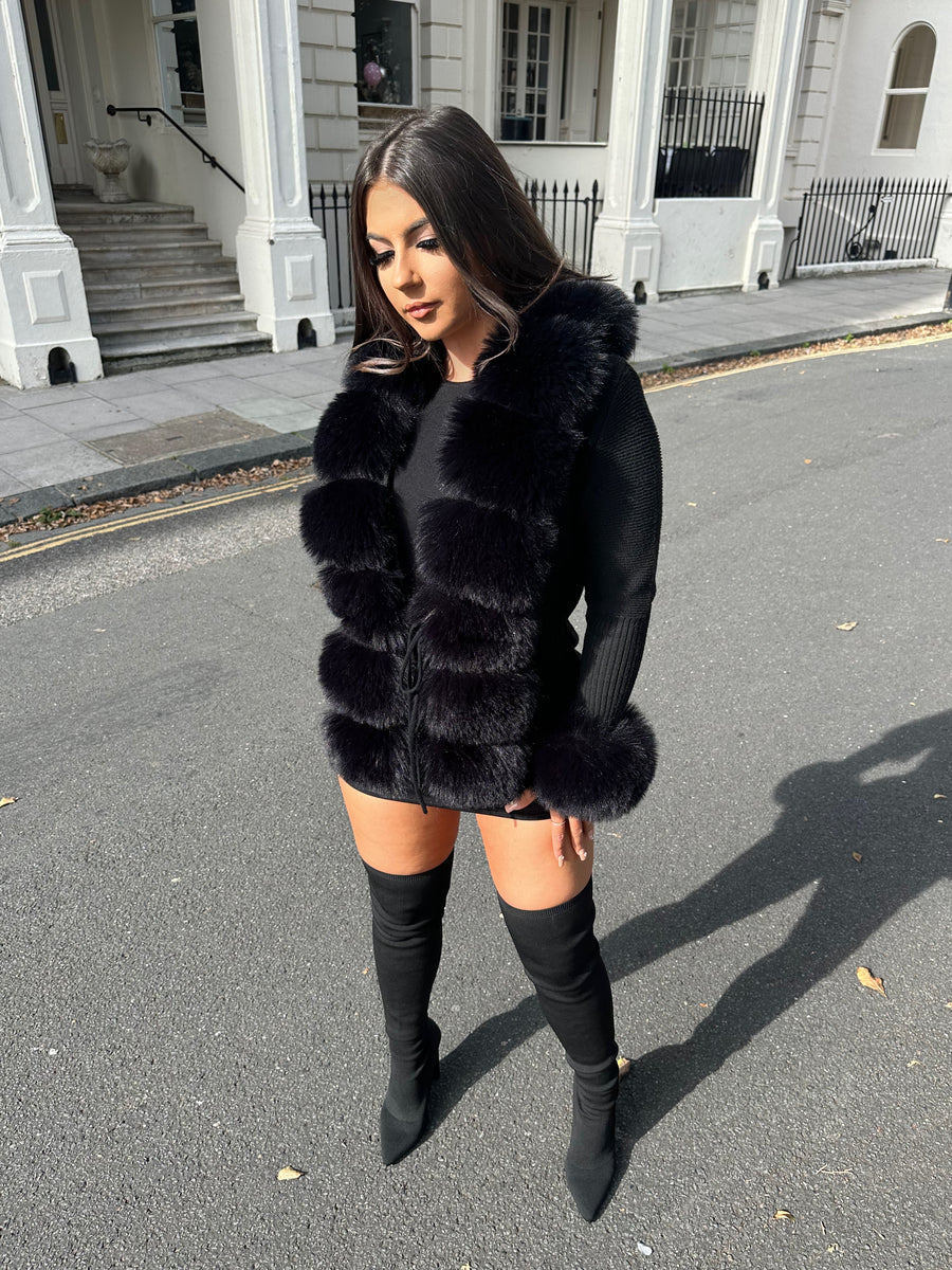 Black faux 2025 fur collar cardigan