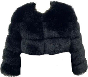 'FRONT ROW' Cropped Faux Fur Coat - Black